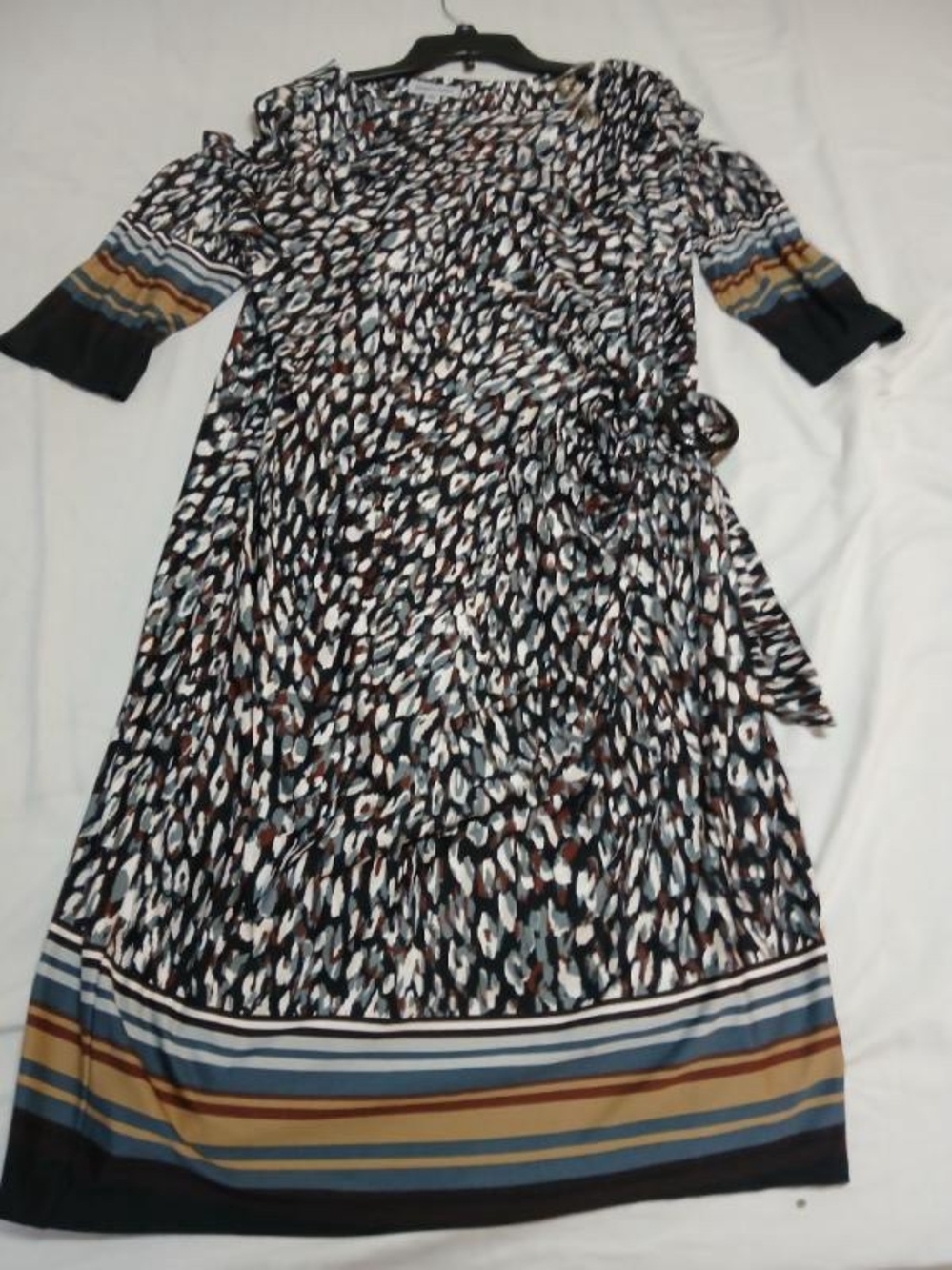 Abstract Animal Print Midi Dress with Striped Hem